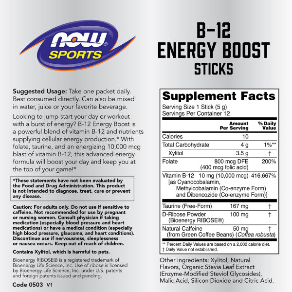B-12 Energy Boost Tart Berry | Bổ sung 10,000mcg B-12 và Taurin, Folate, D-Ribose, Green Boffee Bean - Cung Cấp & Tăng Cường Năng Lượng, Hỗ trợ luyện tập, chơi thể thao (12 Gói/Hộp)