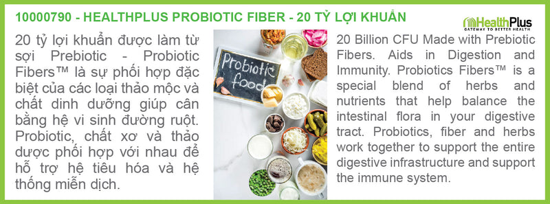 PROBIOTIC FIBER with 20 Billion CFU 12 Probiotic Strains | 20 Tỷ Men Vi Sinh tự nhiên từ 12 Chủng men Sinh học, giúp hệ miễn dịch khỏe mạnh, cân bằng Vi Lợi Khuẩn đường ruột, điều trị Táo Bón, giúp sản xuất Insulin cho người tiểu đường (30 Viên)