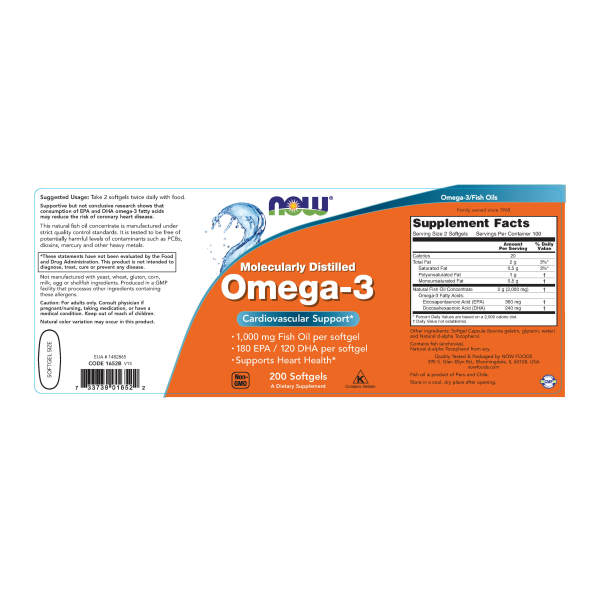 Omega-3 1000mg | Bổ sung 600mg EPA+DHA Giúp ngăn ngừa các bệnh về tim mạch, Huyết áp cao, mỡ máu. Omega-3 giúp tăng lượng HDL-cholesterol, giúp ngăn ngừa các bệnh đông máu, xơ vữa trong động mạch, Gan nhiễm mỡ (200 Viên)