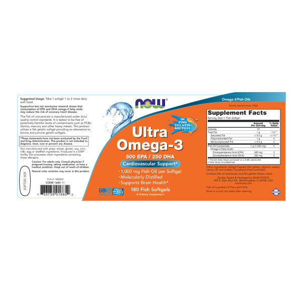 Ultra Omega-3 Fish Oil 1000mg | Bổ sung 750mg EPA+DHA, Giúp ngăn ngừa các bệnh về tim mạch, Huyết áp cao, mỡ máu. Omega-3 giúp tăng lượng HDL-cholesterol, giúp ngăn ngừa các bệnh đông máu, xơ vữa trong động mạch,Gan nhiễm mỡ (180 Viên)