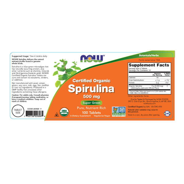 NOW, Spirulina 500 mg, Organic | Tảo xoắn là một loại vi tảo màu xanh lục có protein tự nhiên, cộng với các chất dinh dưỡng khác như vitamin, khoáng chất và GLA (axit gamma-linolenic) (100 Viên)