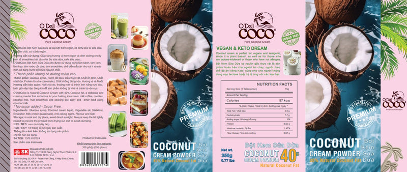 BỘT KEM SỮA DỪA O'DELl COCO - COCONUT CREAM POWDER có 40% béo từ sữa dừa nguyên chất, có vị béo ngậy, thích hợp để làm bánh, kem, kẹo, làm nước cốt dừa, smoothies, chế biến nấu ăn như cà ri và các món có dùng nước cốt dừa nguyên chất Hộp 350 Gram