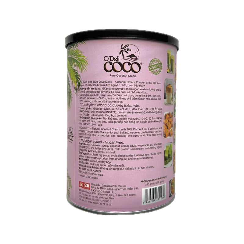 BỘT KEM SỮA DỪA O'DELl COCO - COCONUT CREAM POWDER có 40% béo từ sữa dừa nguyên chất, có vị béo ngậy, thích hợp để làm bánh, kem, kẹo, làm nước cốt dừa, smoothies, chế biến nấu ăn như cà ri và các món có dùng nước cốt dừa nguyên chất Hộp 350 Gram