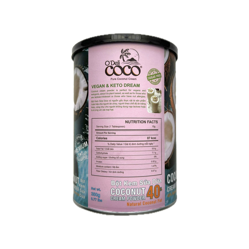 BỘT KEM SỮA DỪA O'DELl COCO - COCONUT CREAM POWDER có 40% béo từ sữa dừa nguyên chất, có vị béo ngậy, thích hợp để làm bánh, kem, kẹo, làm nước cốt dừa, smoothies, chế biến nấu ăn như cà ri và các món có dùng nước cốt dừa nguyên chất Hộp 350 Gram