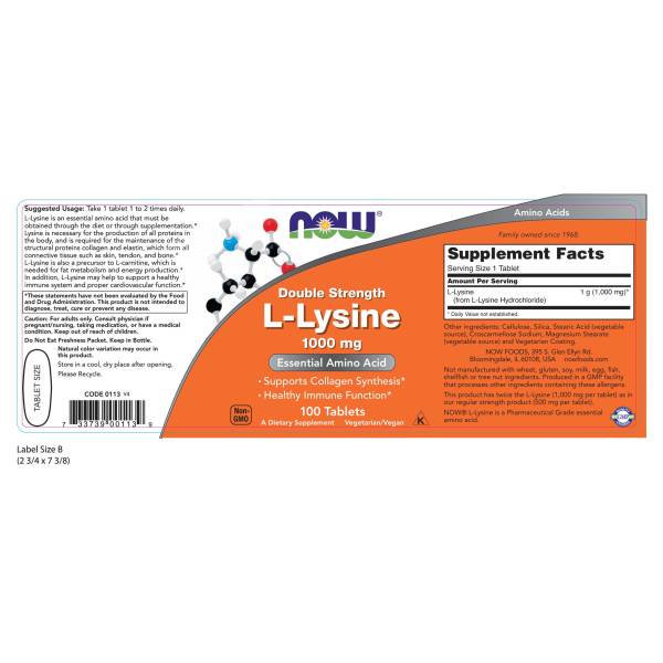 NOW, L-Lysine 1000 mg | Hỗ Trợ Phòng Ngừa Mụn Ngoài Da, Mụn Do Nội Tiết Tố, điều trị mụn thâm nám, sẹo. Hỗ trợ tổng hợp Collagen, Tăng Cường Chức năng miễn dịch khỏe mạnh (100 Viên nén)