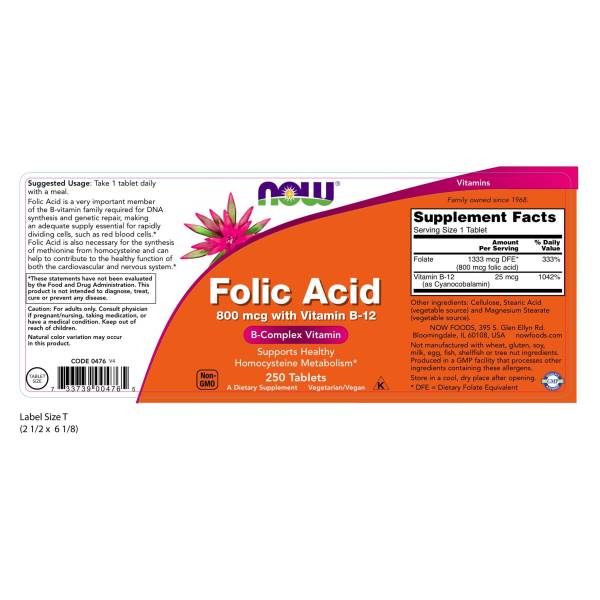 NOW, Folic Acid 800mcg with Vitamin B-12 | MẸ và BÉ, Hỗ Trợ Sự Phát Triển Của Thai Nhi & Tế Bào Màu Đỏ (250 Viên)