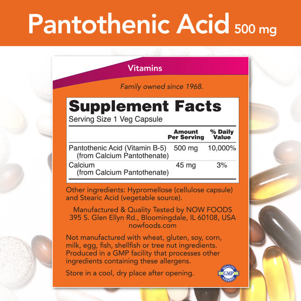 Pantothenic Acid 500mg | Bổ Sung Vitamin B-5, Giúp tăng cường trao đổi chất, chuyển hóa chất béo - cholesterol, hỗ trợ sức khỏe tế bào và hệ thần kinh (100 Viên) | HSD: 30/09/2023
