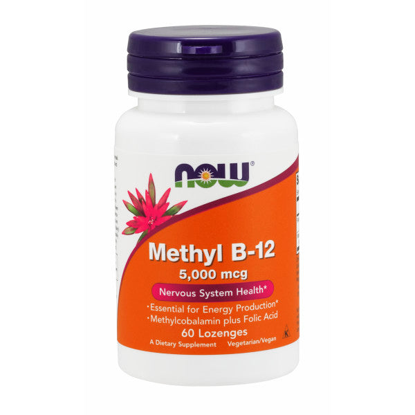 NOW, Methyl B-12 5,000mcg Lozenges | Đồng enzyme của vitamin B-12 Hỗ trợ việc duy trì hệ thần kinh khỏe mạnh, Giúp ngăn ngừa mất trí nhớ, Cải thiện triệu chứng trầm cảm, Duy trì sức khỏe tim mạch, Chăm sóc da, tóc, móng (60 Viên) | HSD: 31/05/2024