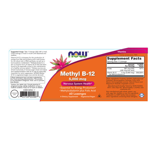 NOW, Methyl B-12 5,000mcg Lozenges | Đồng enzyme của vitamin B-12 Hỗ trợ việc duy trì hệ thần kinh khỏe mạnh, Giúp ngăn ngừa mất trí nhớ, Cải thiện triệu chứng trầm cảm, Duy trì sức khỏe tim mạch, Chăm sóc da, tóc, móng (60 Viên)