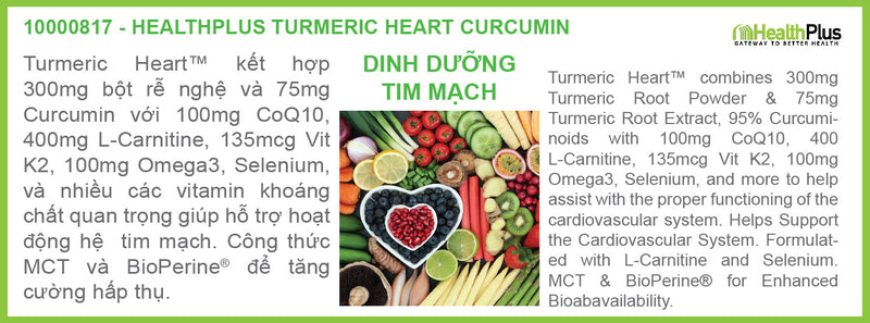 Turmeric Heart™ | SỨC KHỎE TIM MẠCH, 300mg Bột rễ nghệ và 75mg Curcumin với 100mg CoQ10, 400mg L-Carnitine, 135mcg, Vitamin K2, 100mg Omega3, Selenium - Giúp hỗ trợ hoạt động thường ngày của hệ thống tim mạch (60 Viên)
