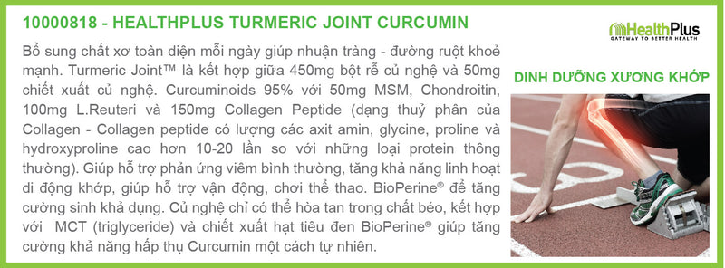 TURMERIC JOINT with Collagen Peptides 150mg | SỨC KHỎE XƯƠNG KHỚP, 450mg Tumeric Bột rễ củ nghệ và 50mg Curcumin & 50mg MSM, Chondroitin, 100mg L. Reuteri và 150mg Collagen Peptide (dạng thuỷ phân của collagen) (60 Viên nang)