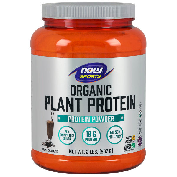 NOW® Sports Organic Plant Protein, Creamy Chocolate Powder | Bổ sung 18g Đạm Thực Vật Hữu Cơ Thuần Chay  từ các nguồn như đậu Hà Lan, Gạo Lứt ,Diêm Mạch Hữu Cơ (907gram)