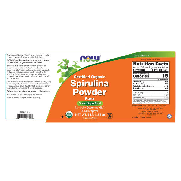 Spirulina Powder, Organic | Bột Tảo Xoắn Hữu Cơ, Bổ sung dinh dưỡng, Protein hiệu quả cho cơ thể , Tăng cường hệ miễn dịch - Hỗ trợ các diều trị các bệnh về Tim mạch và ổn định chức năng Gan  (454 Gram)