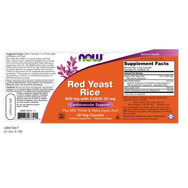 Red Yeast Rice 600 mg with CoQ10 30mg | Bổ Sung 1,200mg Men Gạo Đỏ Hữu Cơ + 210mg Khế Sữa + 60mg CoQ10, Hỗ Trợ Sức Khỏe Tim Mạch, Hệ Tuần Hoàn Máu & Điều Hòa Lipid Máu (60 Viên)