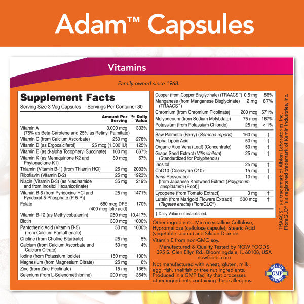 NOW, ADAM™ Men's Multiple Vitamin | Bổ Sung Vitamin tổng hợp & Khoáng Chất Thiết Yếu Do Thiếu Hụt Trong Bữa Hàng Ngày, Dành Cho Nam Giới  (90 Viên)