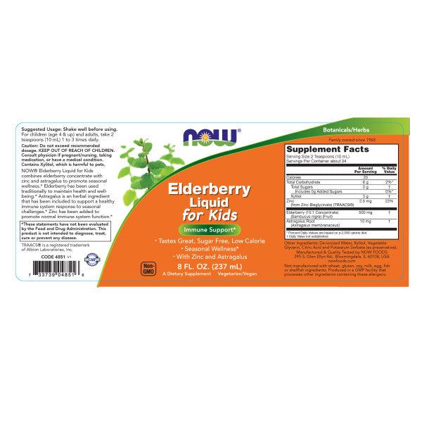 Elderberry Liquid for Kids | Siro Thảo dựợc chiết xuất từ quả Elderberry + kẽm và astragalus giúp tăng cường hệ miễn dịch khỏe mạnh cho trẻ em, chống lại các bệnh Viêm nhiễm khuẩn, virus cúm do thay đổi thời tiết giao mùa (237ml)