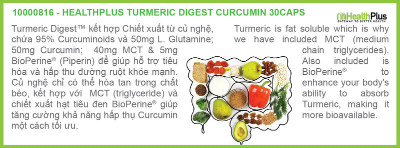 Turmeric Digest™ with L-glutamin & MCT | Bảo vệ sức khỏe Bao Tử - Đường Ruột, 95% Curcumin, 50mg L-Glutamine + 40mg MCT & 5mg BioPerine giúp hấp thu tính chất nghệ tốt hơn, Hỗ trợ tiêu hóa và hấp thu đường ruột khỏe mạnh (30 Viên nang)