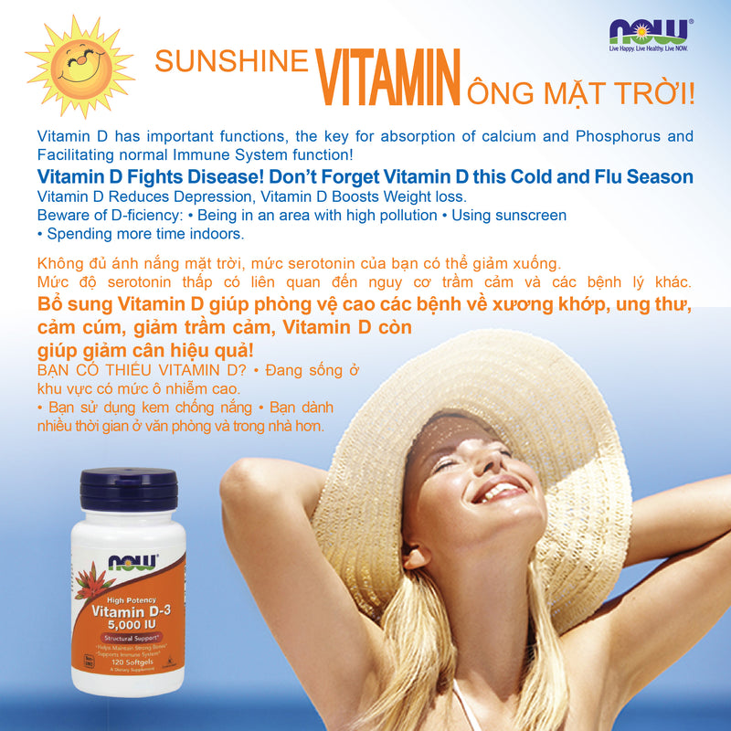 NOW, Vitamin D-3 5,000IU | SỨC KHỎE XƯƠNG RĂNG, 5,000IU D-3 Hỗ Trợ Hấp Thu Canxi Tốt Hơn, Giúp Xương & Răng Chắc Khỏe, Tăng Cường Miễn Dịch (120 Viên nang mềm)